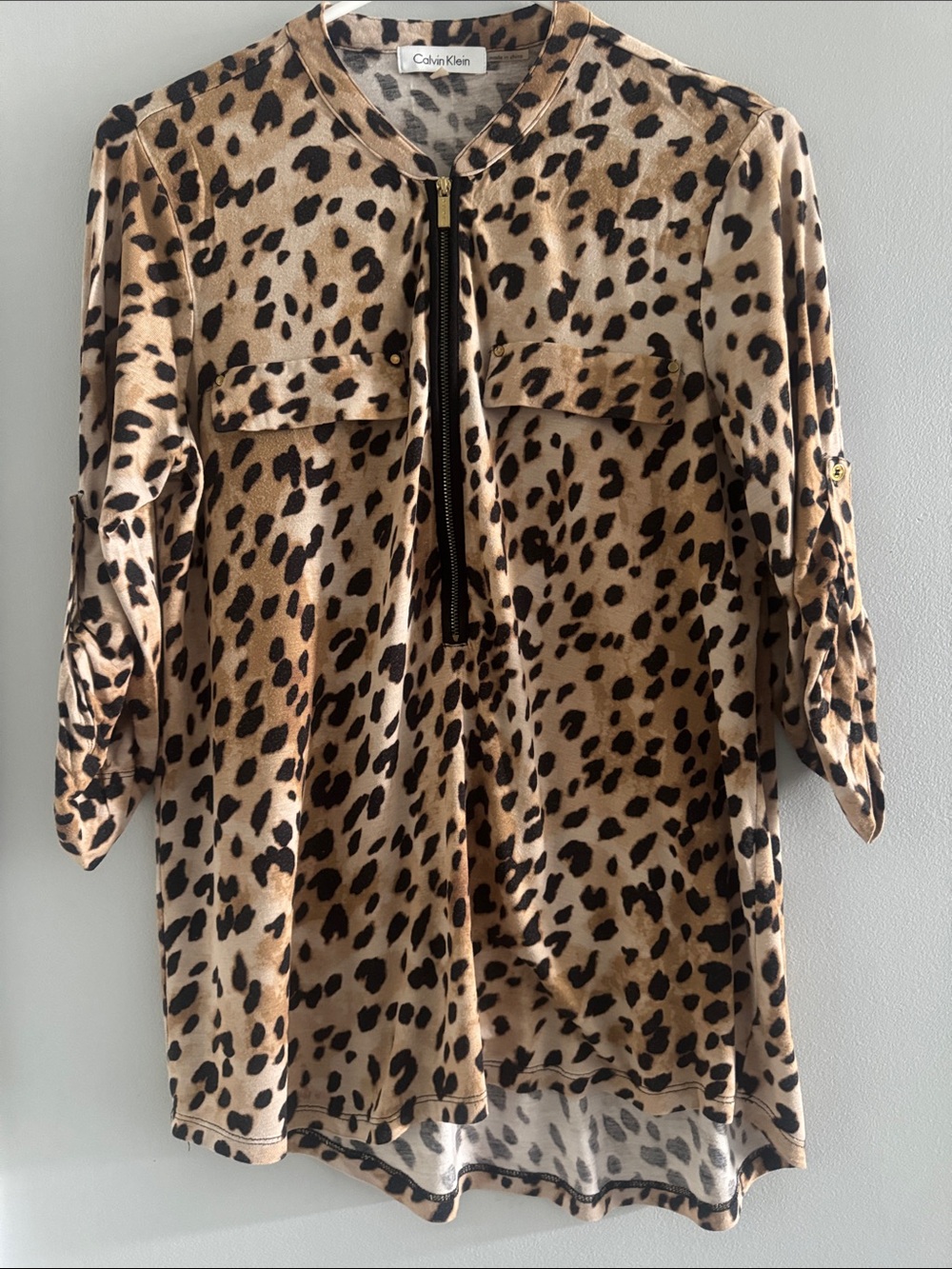 Calvin Klein Leopard Animal Print Zip Blouse Small
